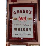 Greer's OVH Whiskey framed reverse painted glass advertising sign. {98 cm H x 72 cm W}.