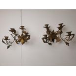 Pair of gilded two branch sconces { 23cm H X 33cm W X 23cm D }.