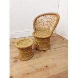 Child's rattan and wicker chair and stool. { 55cm H X 36cm W X 30cm D & 22cm H X 24cm Dia }.