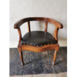 Edwardian oak office chair with inset leather seat, raised on turned legs { 74cm H X 58cm W X 52cm D