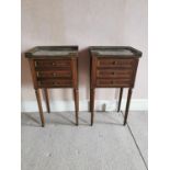 Pair of good quality mahogany bedside cabinets with inset marble tops raised on reeded legs {76 cm H