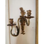 Pair of good quality gilded brass wall hanging candelabras {30 cm H x 20 cm W x 17 cm D}.