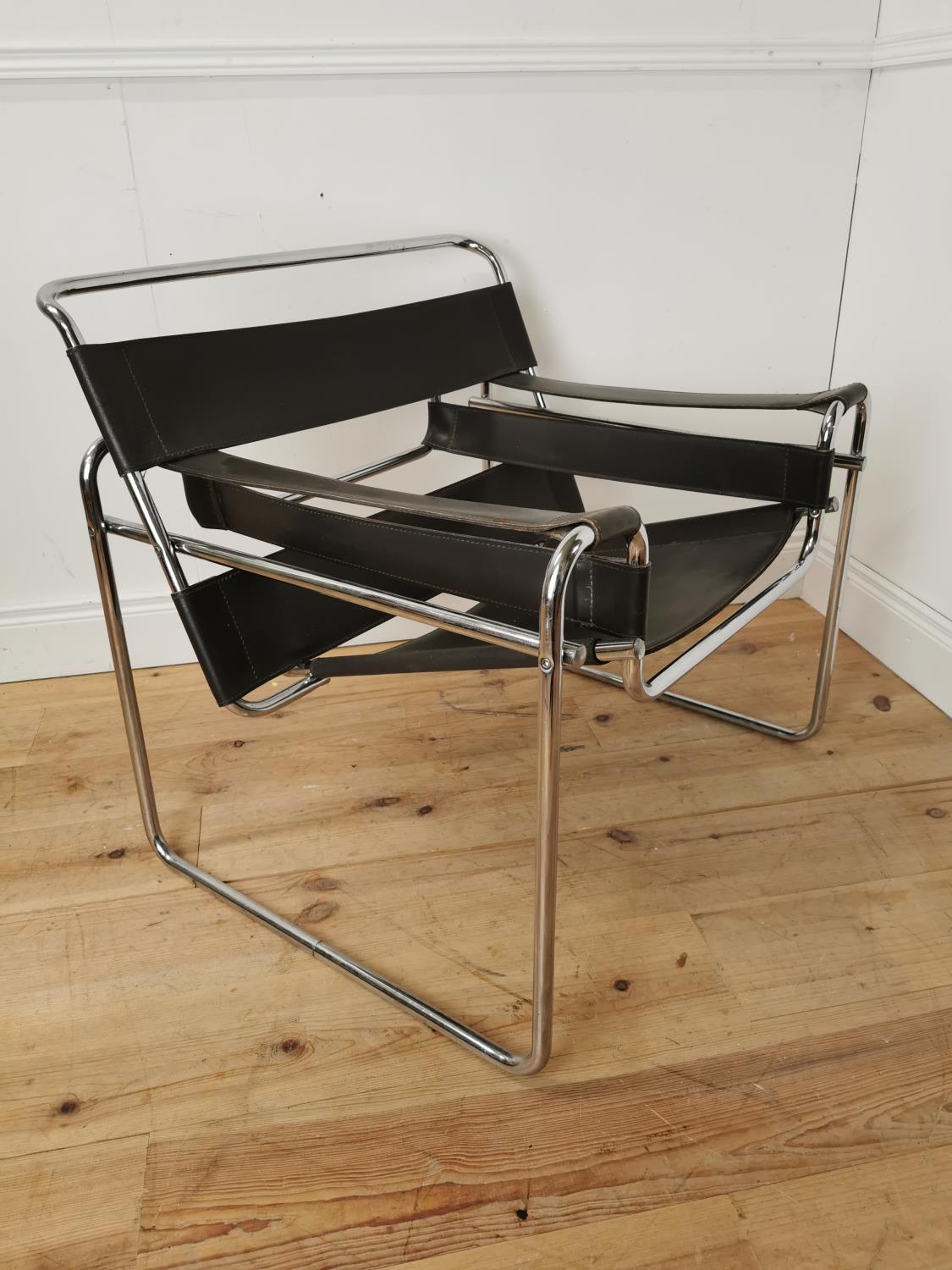 Vintage leather upholstered chrome armchair { 74cm H X 79cm W X 70cm D }. - Image 3 of 4
