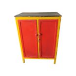 Painted pine two door cupboard raised on square legs { 117cm H X 84cm W X 54cm D }.