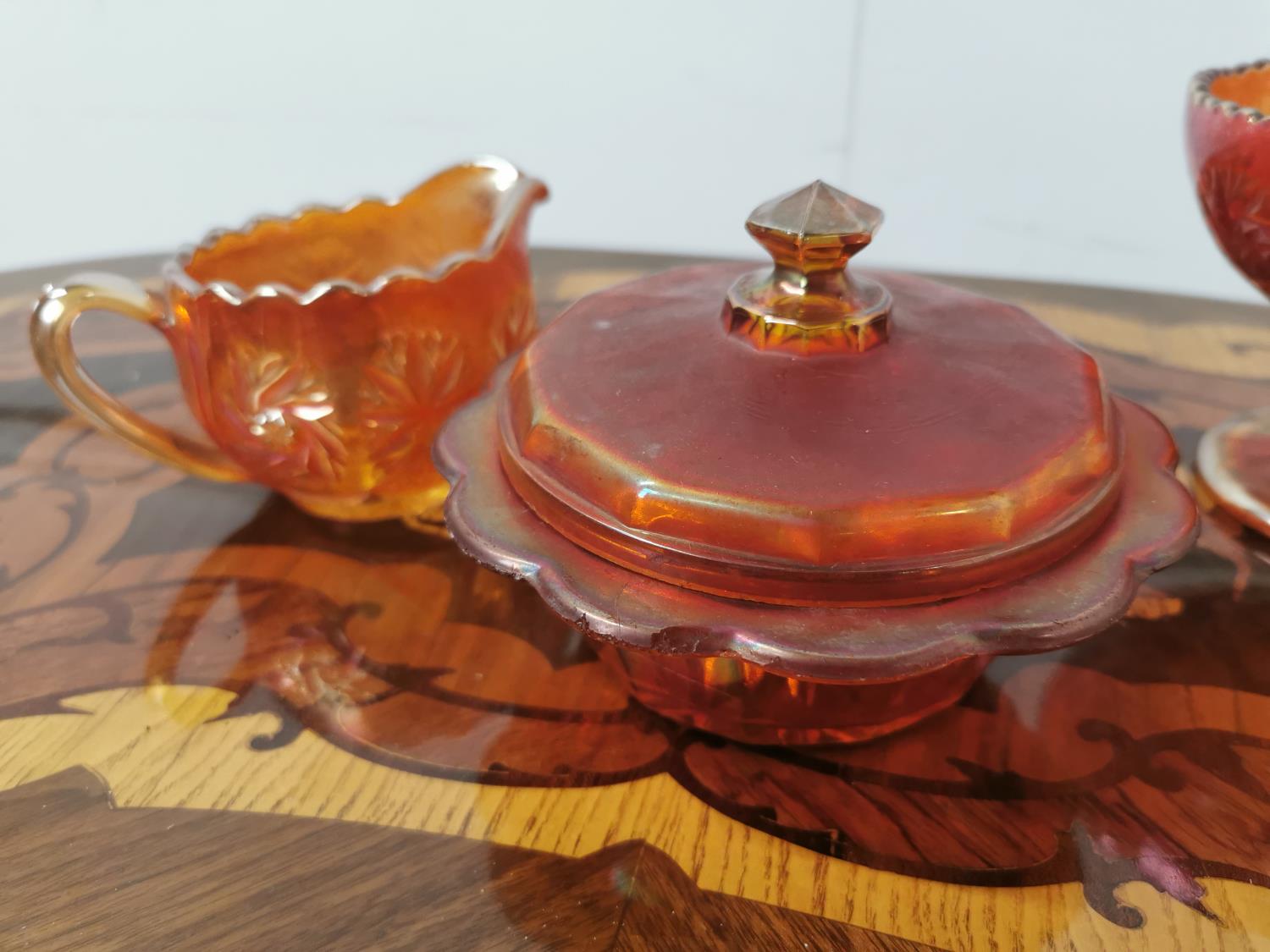 Early 20th. C. Carnival glass jug, lidded dish amd bowl. - Image 2 of 3