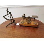 19th. C. brass and oak letter scales with weights { H X 20cm W X 10cm D } and 19th. C. brass