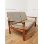 Mid century Comford upholstereded teak two seater sofa { 83cm H X 136cm W X 82cm D }.