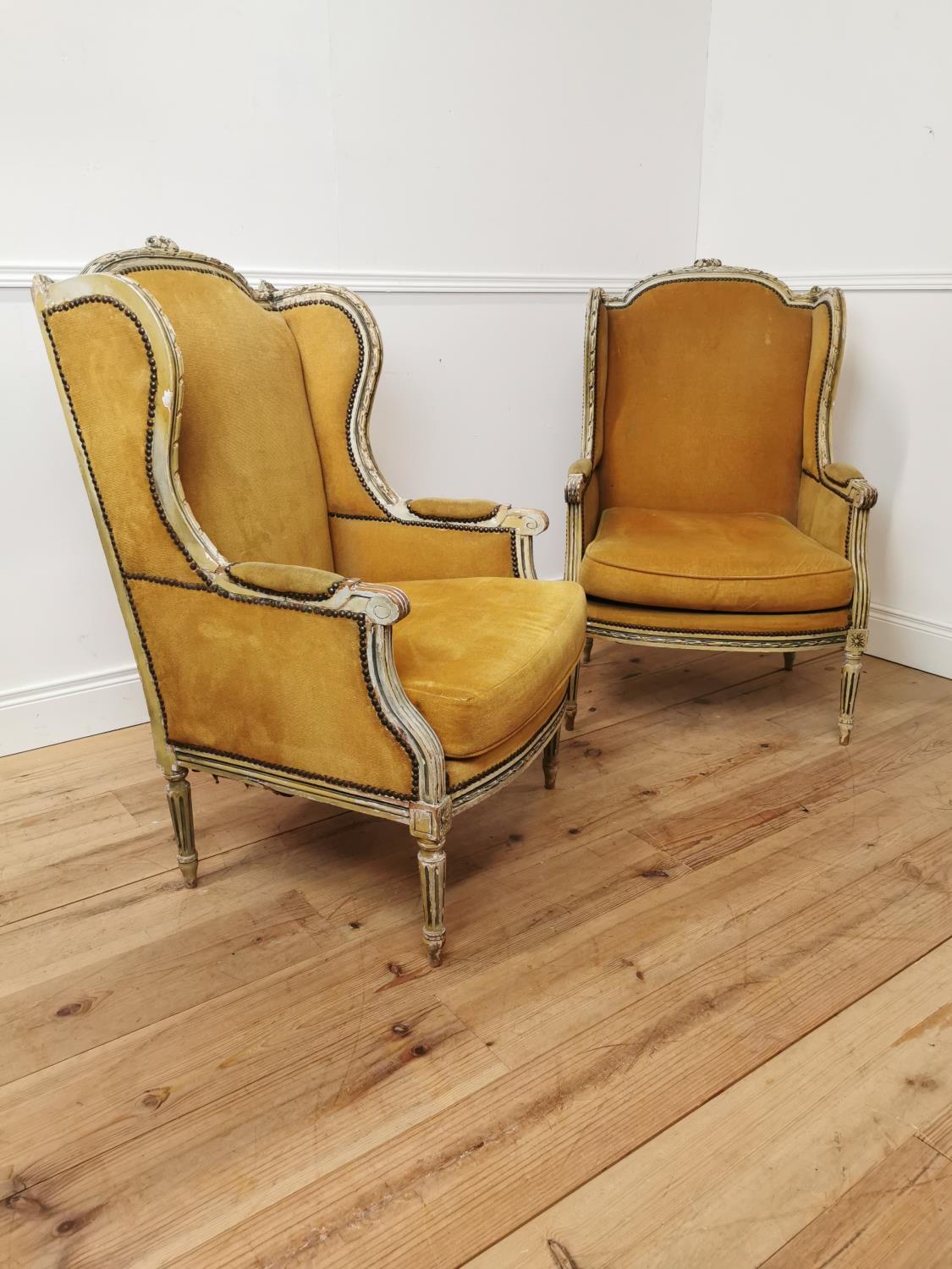 Pair of 19th C. French painted pine velvet upholstered Wingback Armchairs {105cm H x 65cm W x 61 D}