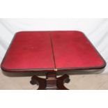 19th. C. rosewood turn over leaf card table raised on square column and platform base with four