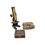 Brass and metal microscope and set of Achromatisches slides in original case and Opium scales and