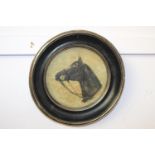 Black and white print of a Horse's head mounted in a circular frame { 26cm Dia }.