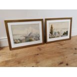 Pair of Venetian Scene water colours mounted in giltwood frames { 42cm H X 56cm W }