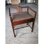 Edwardian inlaid mahogany music seat with upholstered seat { 70cm H X 55cm W X 40cm D }.
