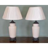 Pair of porcelain and bronze table lamps with shades { 82cm H } .