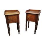 Pair of 19th. C. mahogany bedside lockers the gallery back above a single door raised on turned