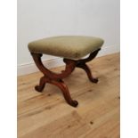 19th C. mahogany and upholstered foot stool in the lyre form {56 cm H x 56 cm W x 50 cm D}.