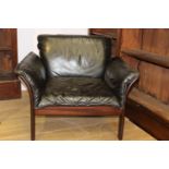 Mahogany leather upholstered armchair { 74cm H X 85cm W X 68cm D ]
