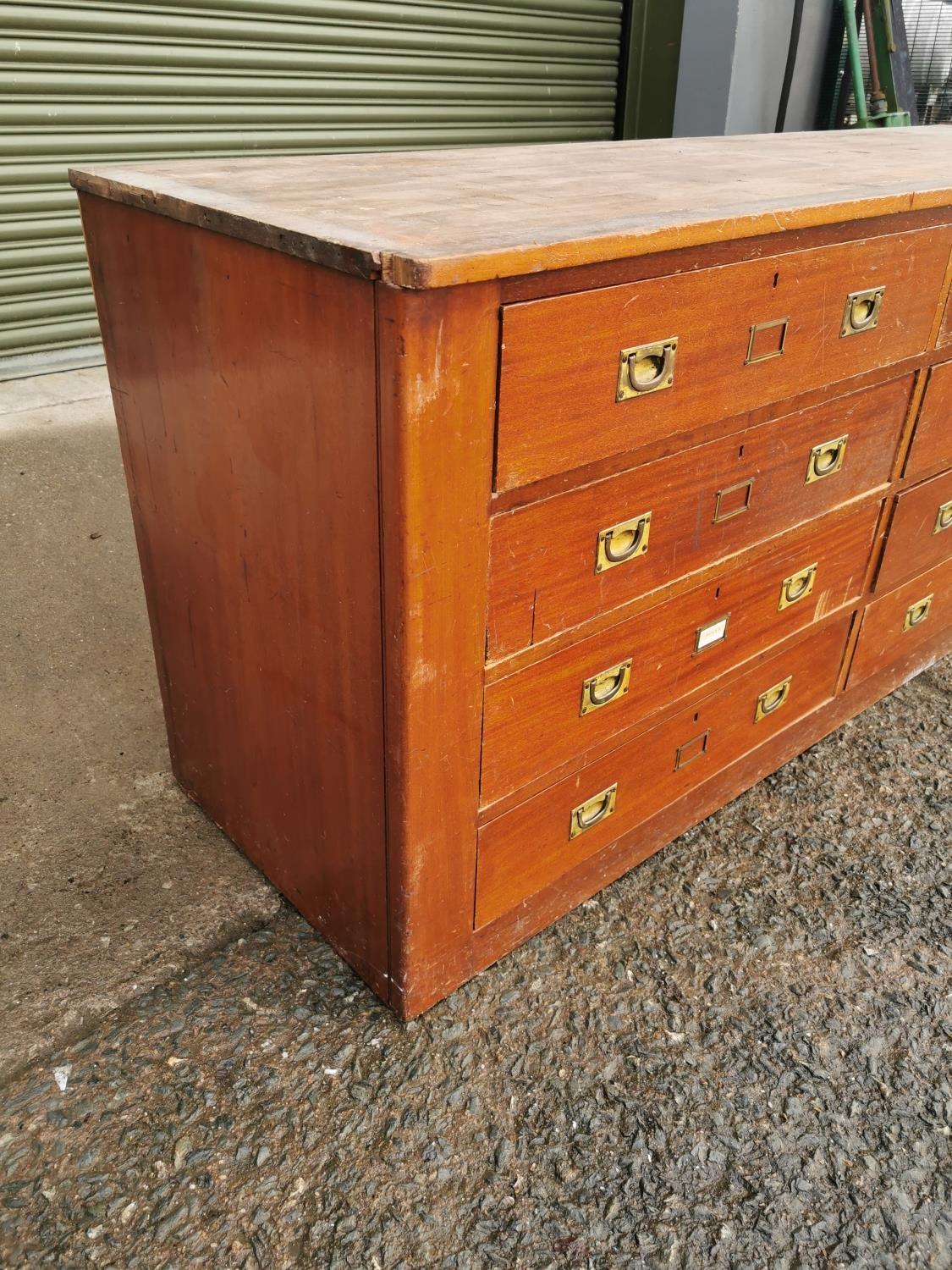 Early 20th C. mahogany haberdashery cabinet with eight drawers and brass handles {84 cm H x 194 cm W - Image 4 of 4