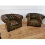 Good quality pair of hand dyed leather deep buttoned club chairs . {70 cm H x 86 cm W x 100 cm D}.