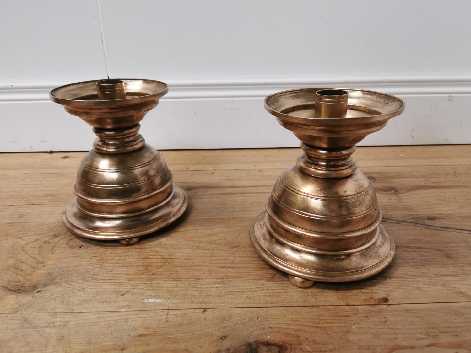 Pair of Edwardian bronze Ecclesiastical candlesticks { 21cm H X 18cm Dia }