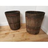 Pair of 19th. C. metal bound oak log buckets with wrought iron handles { 66cm H X 54cm W X 54cm D }.