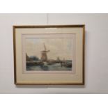 John Hamilton Glass SSA Windmill Scene 19th C. Watercolour mounted in gilt frame {24 cm H x 33 cm