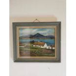 M Kenny Cottage Scene, framed oil on board {54 cm H x 63 cm W}