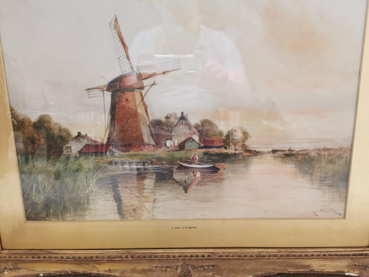 L. Van. Staaten 19th C. Dutch scene watercolour mounted in giltwood frame {62 cm H x 80 cm W}. - Bild 2 aus 2