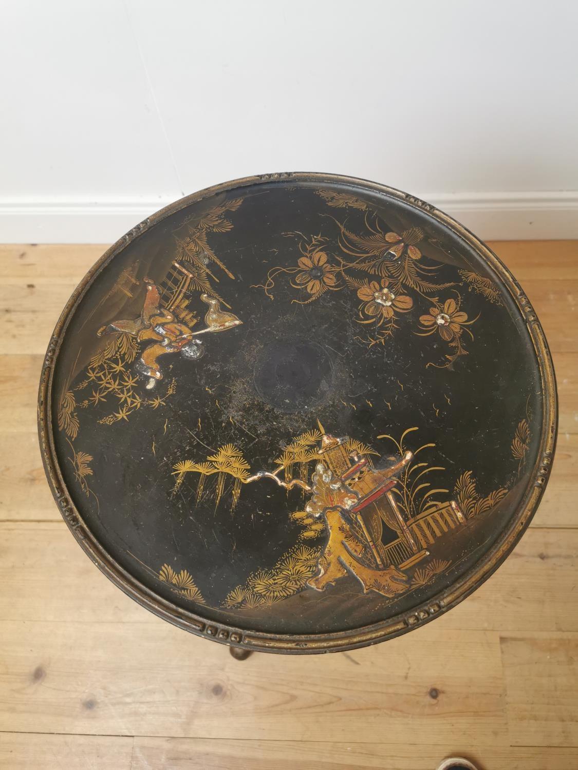 19th C. Japanese lacquered lamp table with turned column and three outswept feet. { 76 cm H x 44 - Image 2 of 5