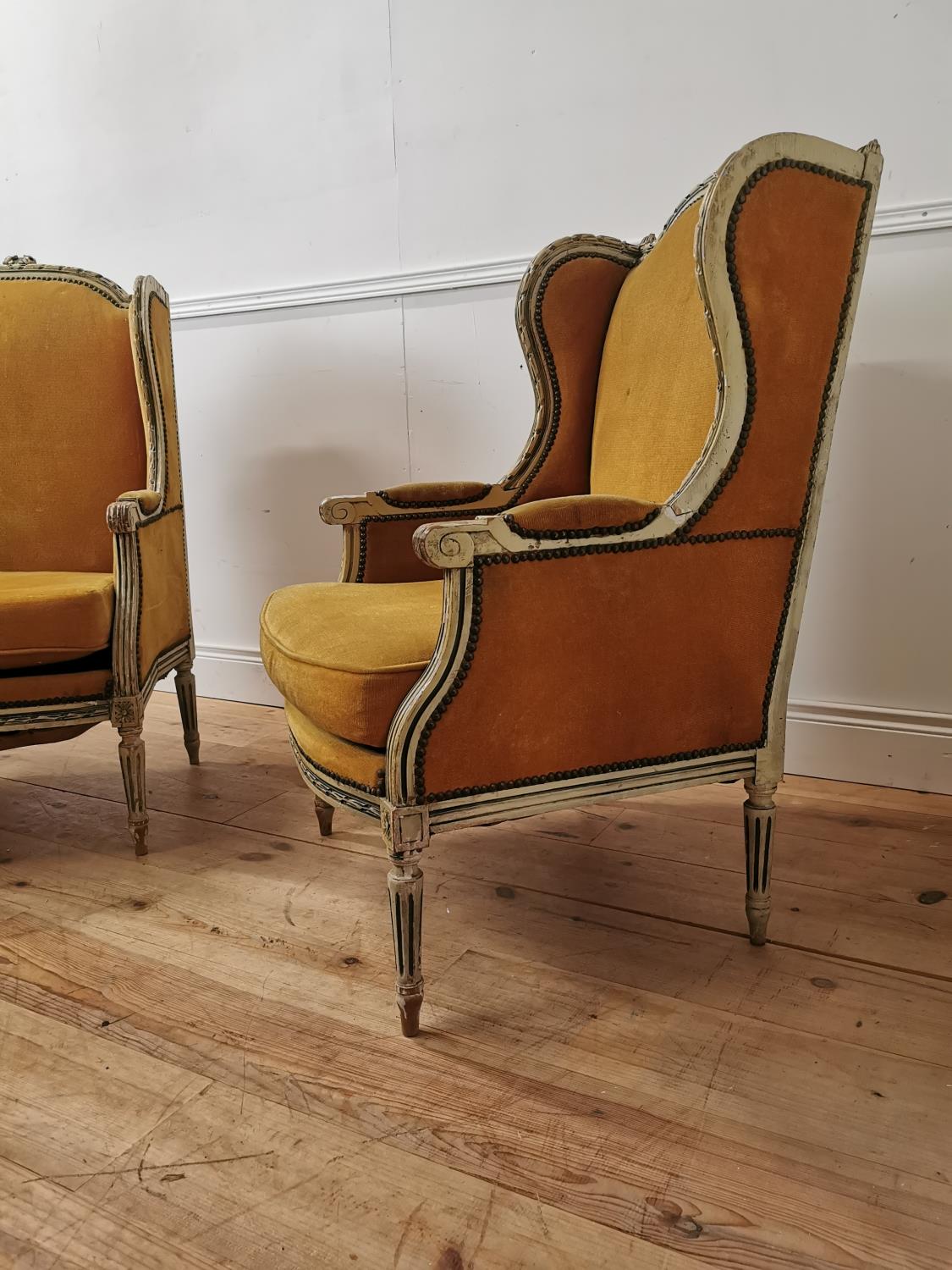 Pair of 19th C. French painted pine velvet upholstered Wingback Armchairs {105cm H x 65cm W x 61 D} - Image 2 of 5