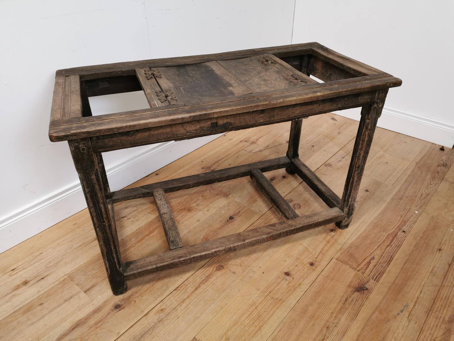 Rare 17th. C. oak bible table the two doors in the centre panel with metal fittings and inscribed T+