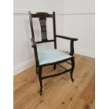 Edwardian inlaid mahogany open armchair with upholstered seat { 100cm H X 58cm W X 52cm D }.