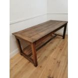 18th. C. oak kitchen table raised on champhered square legs with single stretcher { 75cm H X 193cm W