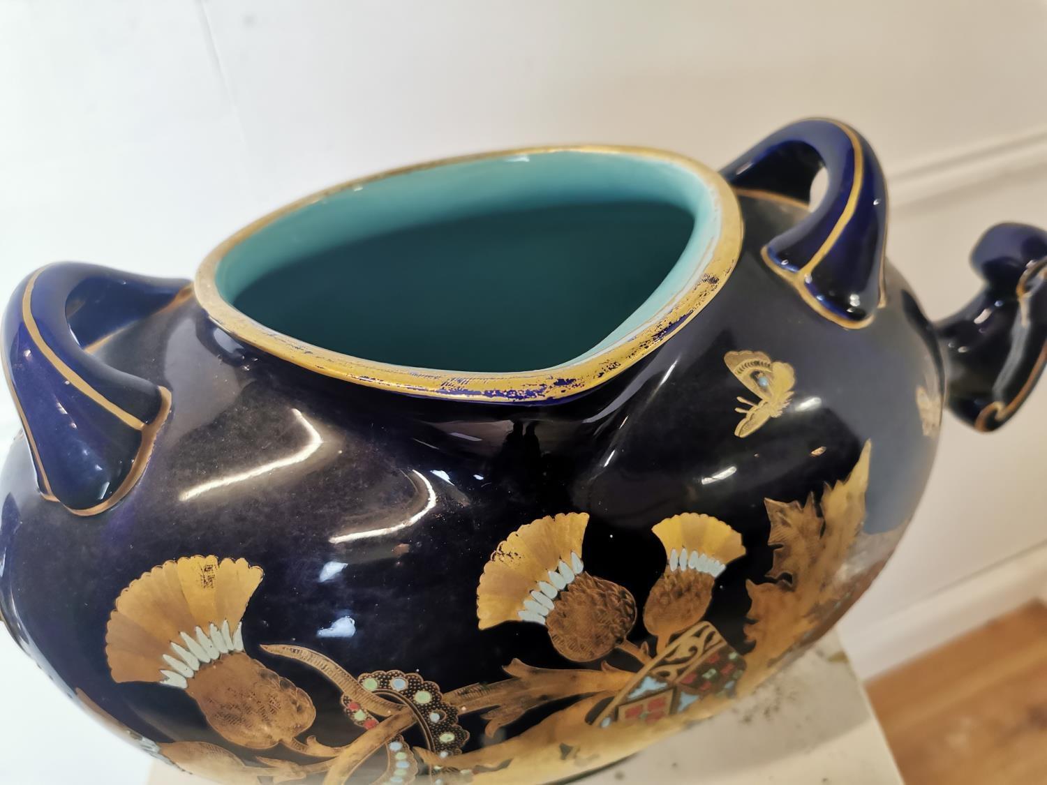 19th C. Oriental hand painted ceramic and gilded water jug. {22 cm H x 43 cm W x 20 cm D}. - Image 2 of 4