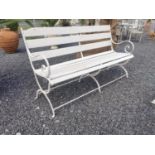 Wrought iron and wooden garden bench {84 cm H x 150 cm W x 56 cm D}.