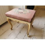 19th. C. hand painted and giltwood foot stool with tapestry seat {48 cm H x 53 cm W x 38 cm D}.