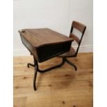 1950's pine and metal child's school swivel desk { 60cm H X 60cm W X 70cm D }.