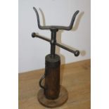 19th. C. cast iron and wooden wagon jack { 73cm H X 40cm W X 25cm D }.