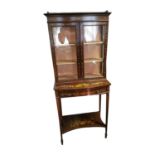 Good quality neat Edwardian inlaid marquerty bow fronted display cabinet the two glazed doors