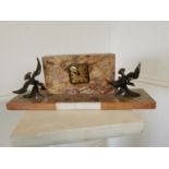 Art Deco marble mantle clock decorated with spelter birds. { 15 cm H x 43 cm W x 10 cm D}.
