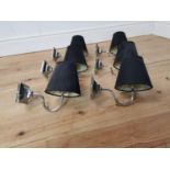 Set of six chrome wall lights with matching shades { 20cm H X 15cm W X 26cm D }.