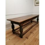 17th. C. and later carved oak refectory table raised on bulbous legs and stretchers { 80cm H X 267cm