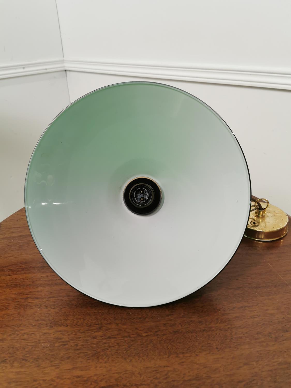 Brass hanging light with green glass shade { 60cm H X30cm W }. - Image 2 of 2