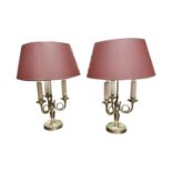 Pair of silver plated three branch table lamps with shades { 57cm H X 34cm Dia }.