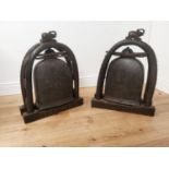 Rare pair of bronze Tibetian bells mounted in hardwood frames and decorated with elephants { 71cm