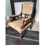 19th C. carved mahogany and upholstered arm chair raised on cabriole legs {96 cm H x 66 cm W x 70 cm