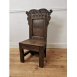 18th. C. carved oak side chair raised on square legs { 97cm H X 47cm W X 40cm D }.