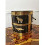 Unusual brass bound oak jardiniere decorated with birds and animals { 21cm H X 21cm Dia }.