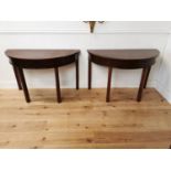 Pair of Georgian mahogany demi-lune side tables raised on square legs {73 cm H x 114 cm W x 54 cm