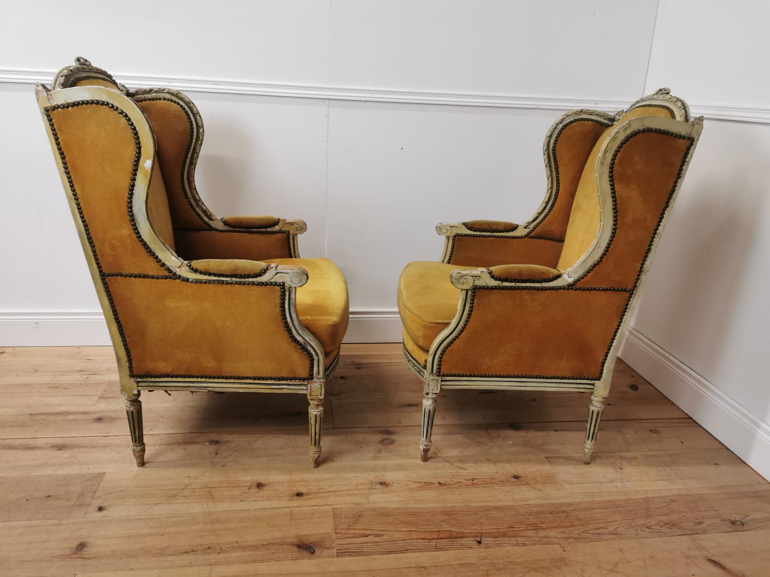 Pair of 19th C. French painted pine velvet upholstered Wingback Armchairs {105cm H x 65cm W x 61 D} - Image 4 of 5